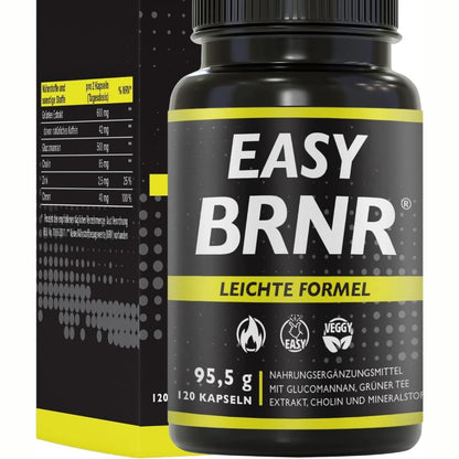 300694 - BRNR EASY BRNR Formula e Lehtë 5 në 1, 120 Kapsula, Trajtim i Metabolizmit me Kolinë, Formulë për Nivelin e Sheqerit në Gjakë me Krom, Fibër Dietike Glukoman, Ekstrakt Çaji Jeshil