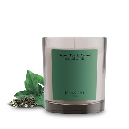 224842 - QIRI AROMATIK JEAN & LEN me aromë çaji jeshil dhe agrume, 195g, bërë me gjalpë shea, kohë djegieje 40 orë, dizajn minimalist, vegan