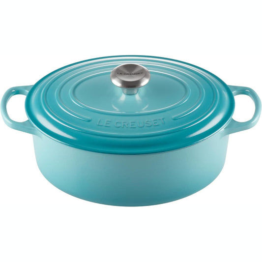 221012 - LE CREUSET Ena për pjekje prej gize të emaluar Signature me kapak, 29 cm, Ovale, 4.7 L, 4.675 kg, Blu Karaibe, 21178294082430