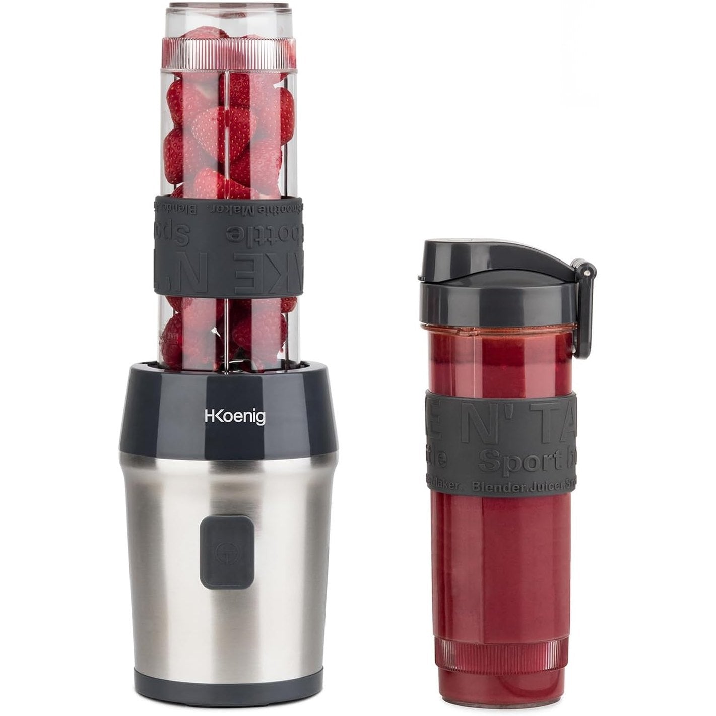 162525 - H.KOENIG Makinë për Përgatitjen e Smoothie-ve Mini, Blender Elektrik Portativ dhe Kompakt, Kapacitet 570mL, Modeli SMOO9, Pa BPA, Fuqi 300W, Përfshin 2 Shishe Portative, Materiali: Çelik Inox, Ngjyra: Argjend/E Zezë