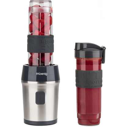 162525 - H.KOENIG Makinë për Përgatitjen e Smoothie-ve Mini, Blender Elektrik Portativ dhe Kompakt, Kapacitet 570mL, Modeli SMOO9, Pa BPA, Fuqi 300W, Përfshin 2 Shishe Portative, Materiali: Çelik Inox, Ngjyra: Argjend/E Zezë