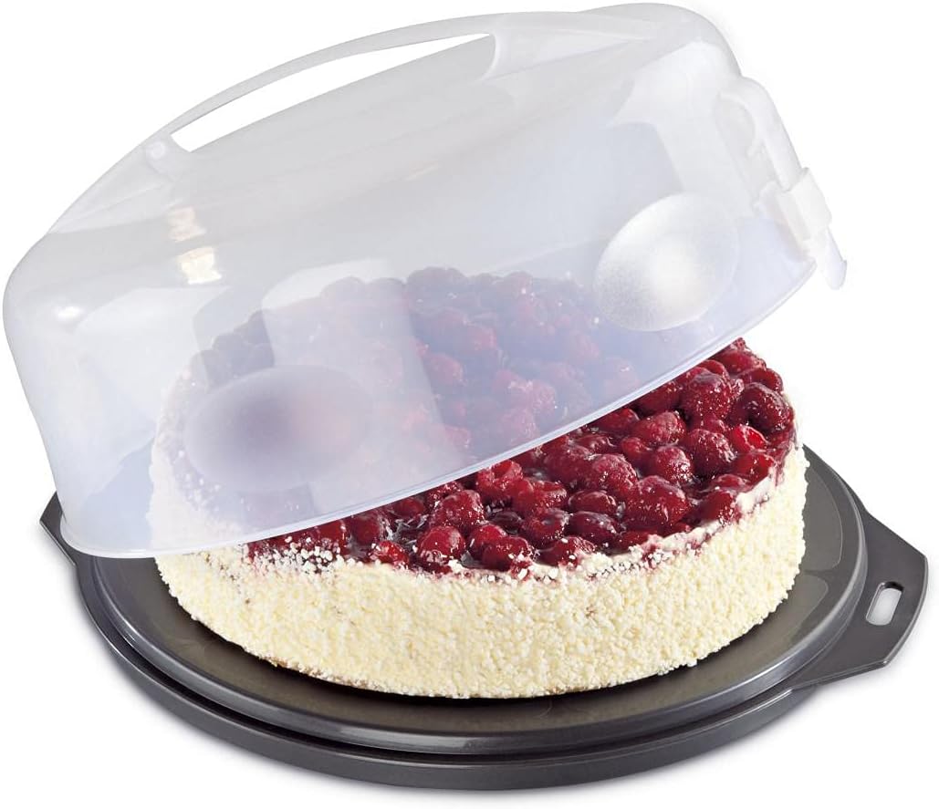 228506 - XAVAX Kuti transporti për tortë e rrumbullakët me kapak, diametër 31.5 cm, lartësi e brendshme 8 cm, me ndarës fetash, pjatë antracit, transparente