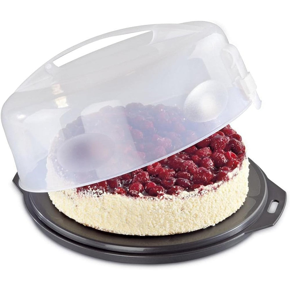 241594 - XAVAX Kuti transporti për tortë e rrumbullakët me kapak, diametër 31.5 cm, lartësi e brendshme 8 cm, me ndarës fetash, pjatë antracit, transparente