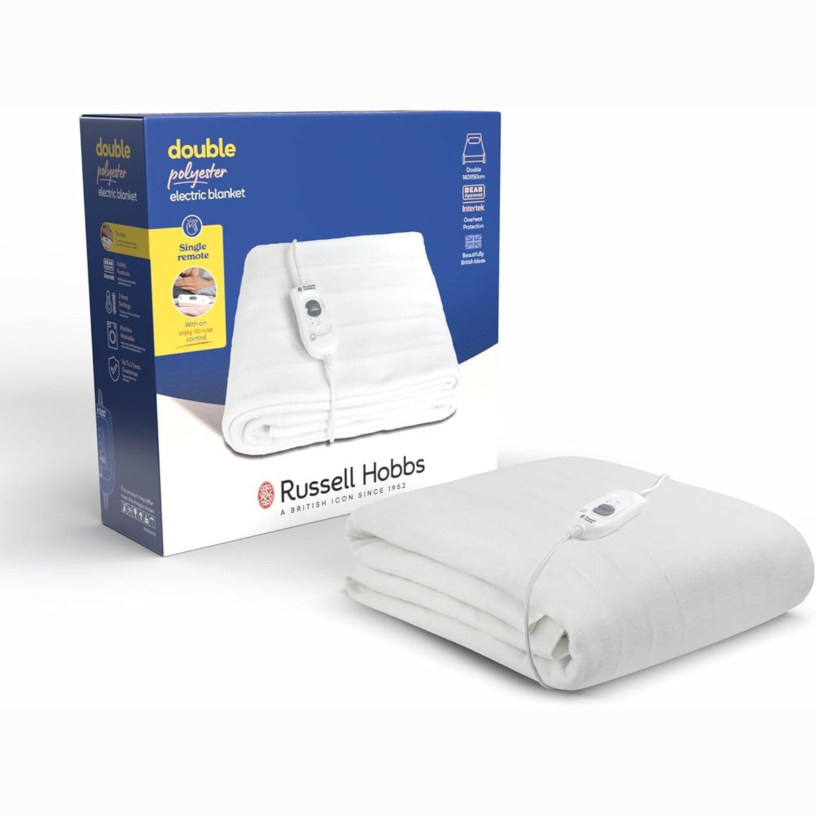 255549 - RUSSELL HOBBS Batanije dyshe me ngrohje, 3 cilësime ngrohjeje, kursim energjie dhe efikasitet energjetik, e lahet në lavatriçe, 140 x 150 cm, 90 W, e bardhë, RHEDB6002