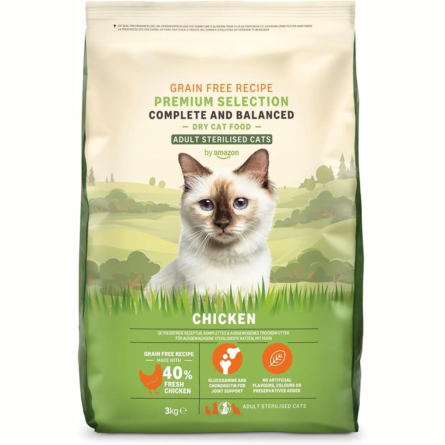 242269 - AMAZON Ushqim për mace të rritura të sterilizuara pa drithëra, me mish pule të freskët - 3 kg