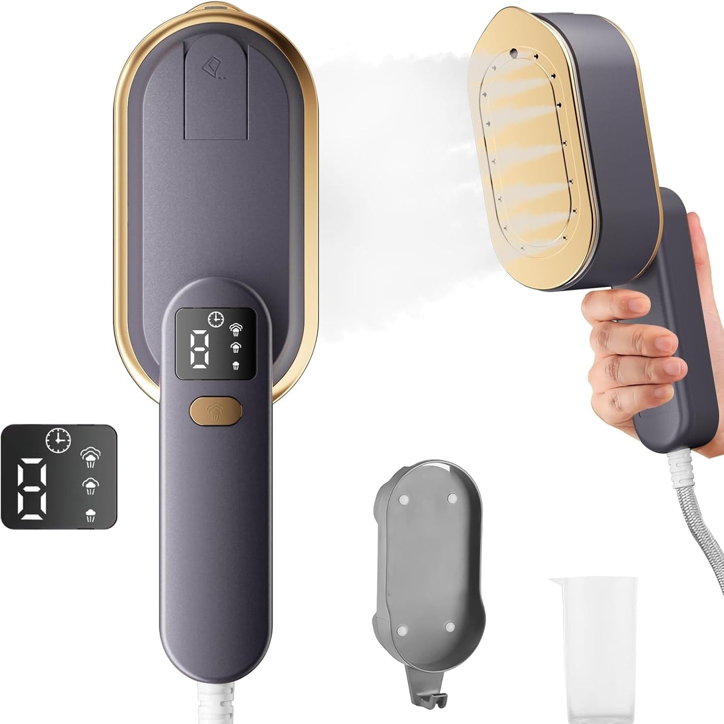 162496 - MARKA - Avullues portativ për udhëtim me ekran LCD, ngrohje e shpejtë 10 sekonda, 2000W, 3 nivele avulli, dorezë rrotulluese 180°, ngjyra gri.