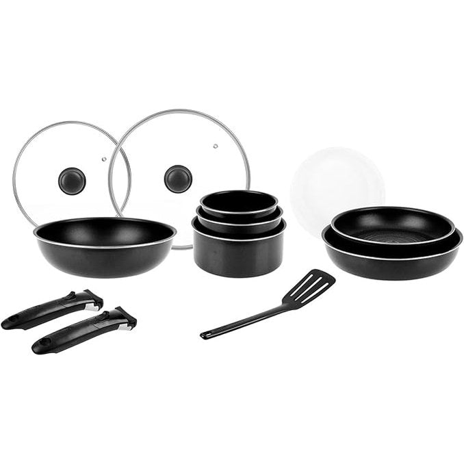 177111 - SITRAM 714946 set gatimi 14 pjesë alumini i zi: 1 wok 28cm, 2 tiganë 24/28cm, 3 tenxhere 16/18/20cm, 2 kapakë qelqi 24/28cm, 3 kapakë plastikë 16/18/20cm, 2 dorëza të lëvizshme, 1 shpatull; për të gjitha sobat, edhe induksion.