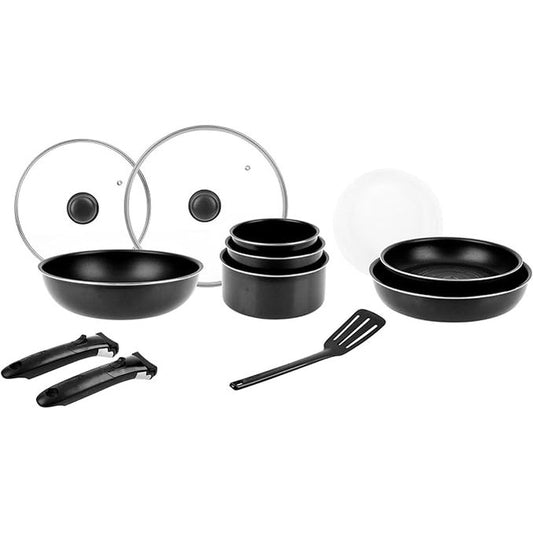 177111 - SITRAM 714946 set gatimi 14 pjesë alumini i zi: 1 wok 28cm, 2 tiganë 24/28cm, 3 tenxhere 16/18/20cm, 2 kapakë qelqi 24/28cm, 3 kapakë plastikë 16/18/20cm, 2 dorëza të lëvizshme, 1 shpatull; për të gjitha sobat, edhe induksion.