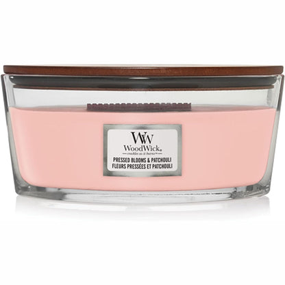 227330 - WOODWICK Qiri aromatik eliptik me fitil kërcitës | Lule të shtypura dhe patchouli | Koha e djegies deri në 50 orë