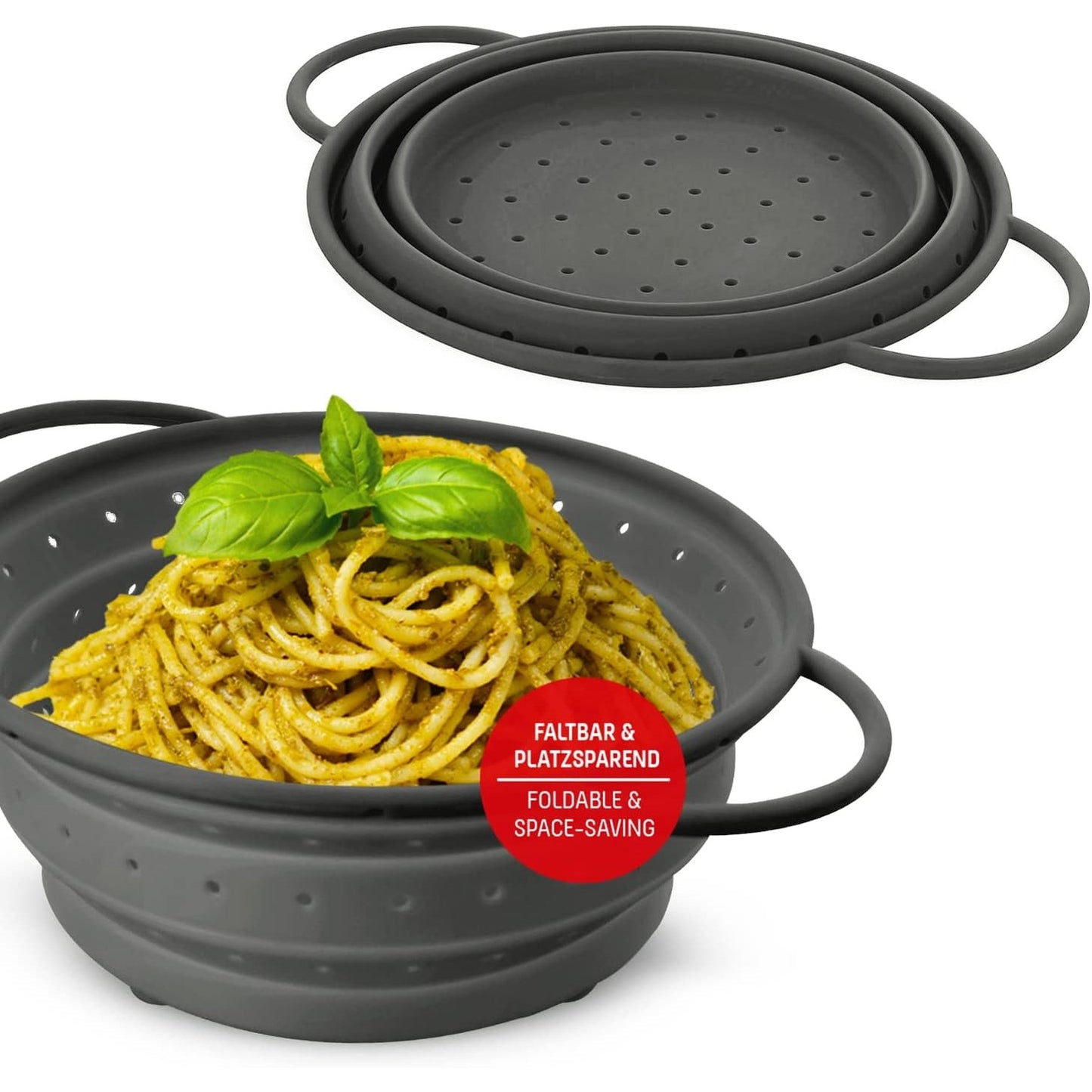 252644 - COOLINATO Kullesë silikoni e palosshme 24 cm gri, Kulluese makaronash për makarona, perime dhe fruta, Mund të lahet në lavastovilje, pa BPA, rezistente ndaj nxehtësisë deri në 230°C
