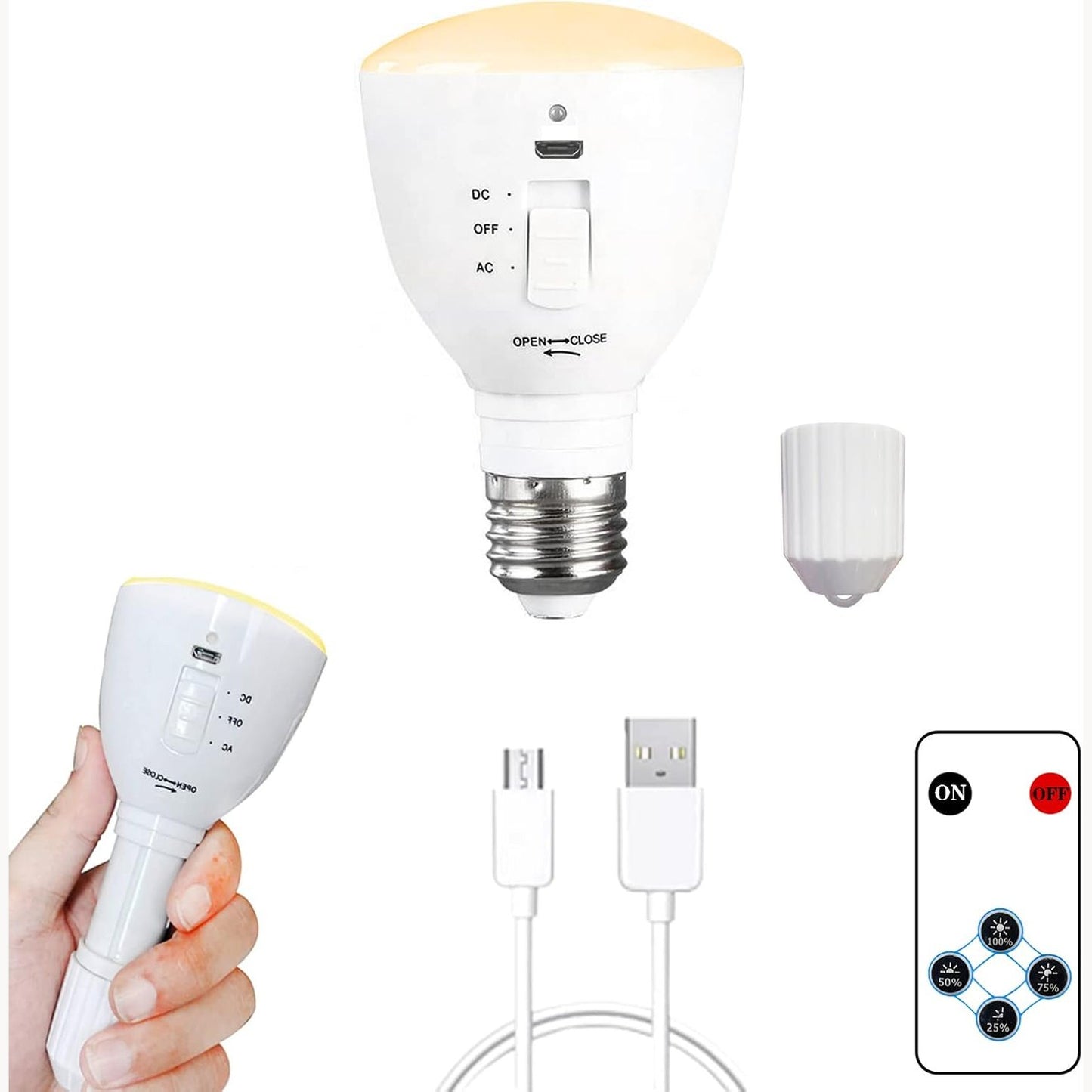 196792 - BRANDI I PAPEMË - Llampë LED e Rikarikueshme 7W me Bateri USB, Telekomandë dhe Grip E27, Ndriçim i Jashtëm 3000k, Kapacitet 2600mah, 4 Modele Shkëlqimi, Pako Prej 1 Copë