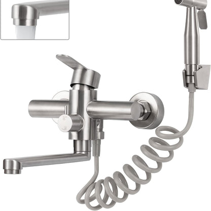 164349 - RUBINET Kuzhinë I Montuar Në Mur, me Pistoletë Spërkatëse, Rubinet Rrotullues 360°, Grykë Rrotulluese 23 cm, Material Çelik Inox I Lëmuar