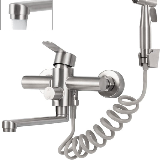 164349 - RUBINET Kuzhinë I Montuar Në Mur, me Pistoletë Spërkatëse, Rubinet Rrotullues 360°, Grykë Rrotulluese 23 cm, Material Çelik Inox I Lëmuar