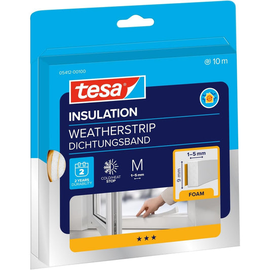 164268 - TESA - Mollë Ngjitëse me Shkumë për Izolim Termik të Dritareve dhe Dyerve, Standard I-Profil, E Bardhë, 10m x 9mm x 4mm