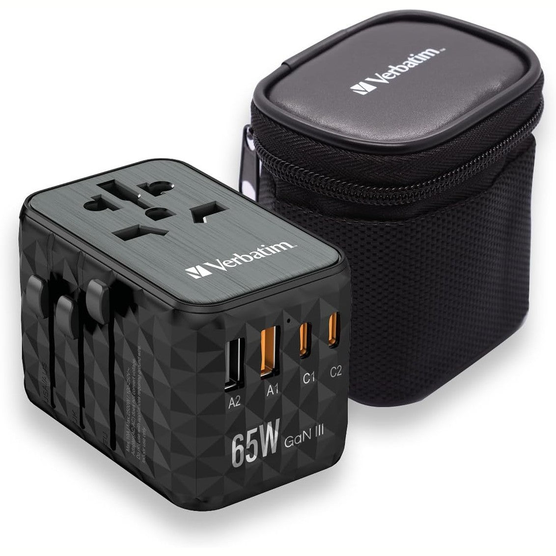 268252 - VERBATIM Përshtatës universal udhëtimi GaN UTA‑05 65 W, përshtatës prize me 2 porta USB‑A dhe 2 porta USB-C, karikues i shpejtë për laptop, telefon celular, kamerë dhe më shumë, përshtatës udhëtimi i përdorshëm në të gjithë botën, 100-250 V