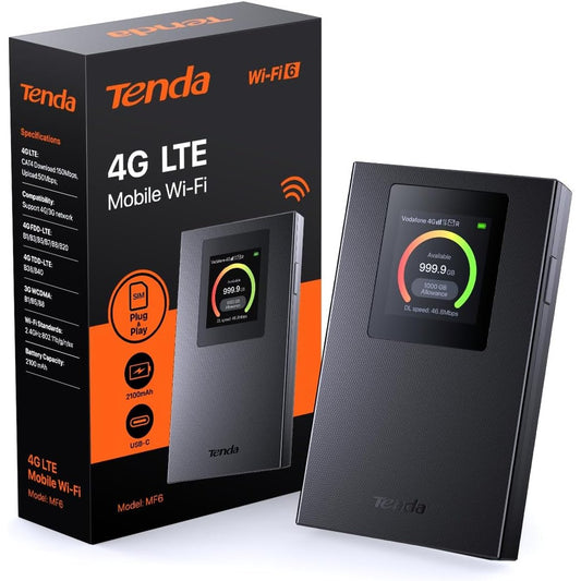 123800 - TENDA Router WiFi 6 Cellular me Ekran LCD, Bateri 2100mAh, Portë USB-C, Siguria WPA3, Modem 4G, Madhësi Mini, Pajtueshmëri Nano-SIM të Zhbllokuara, Modeli MF6
