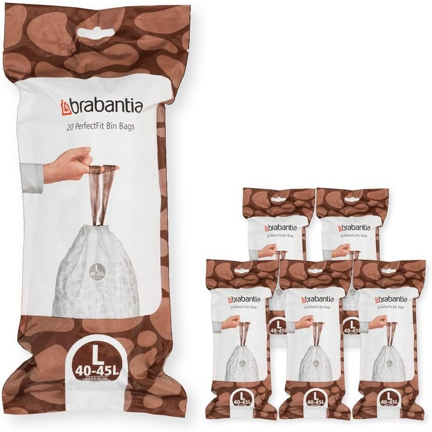 195447 - BRABANTIA PerfectFit Qese për Mbeturina, Shumëpaketësh, Kod L, Kapacitet 40L/45L, Ultra të Forta me Doreza Rrëshqitëse, 5 Rrotulla (120 Qese)