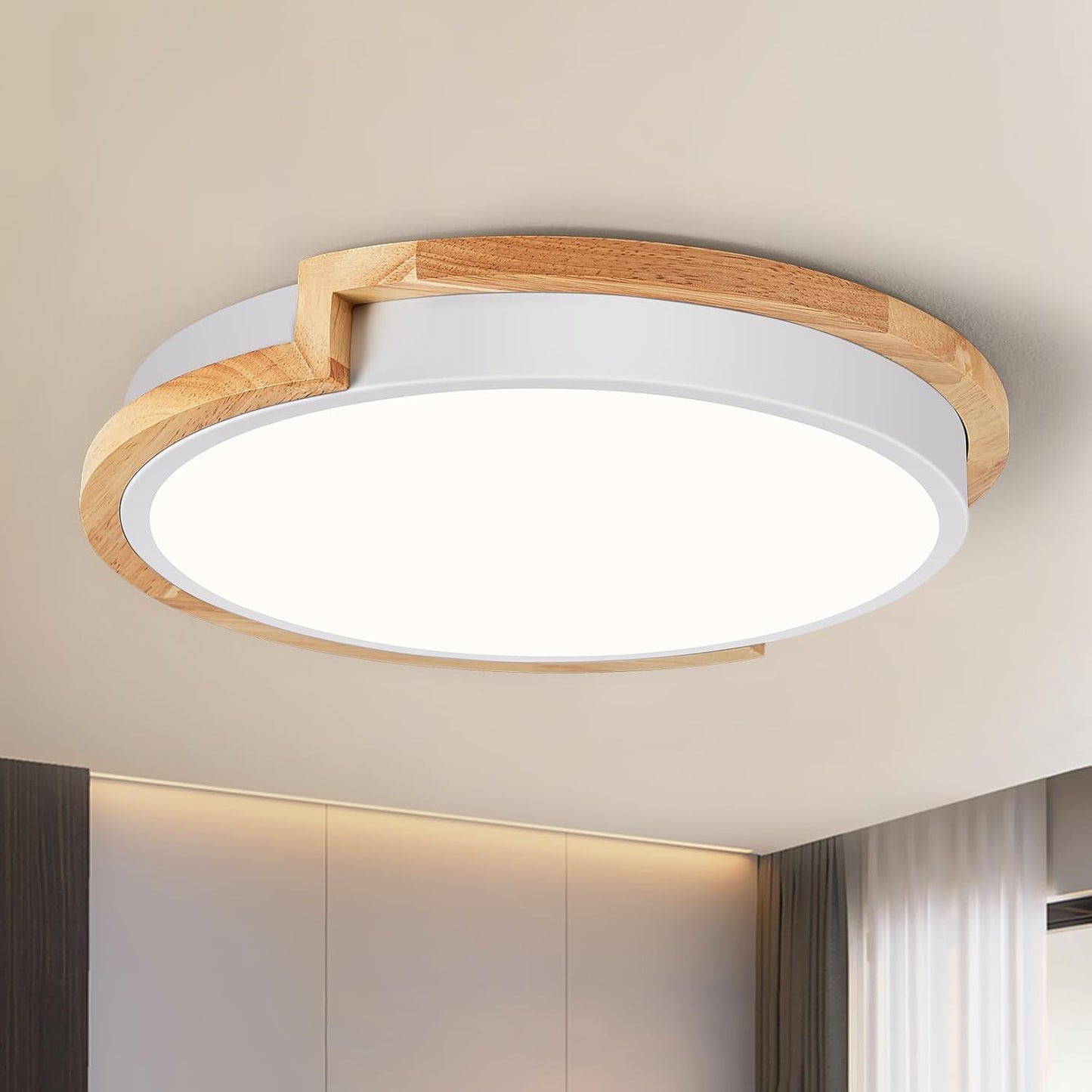 239703 - WOKNOS Llambë Tavani Ndriçuese 30cm, Llambë LED 24W me Dru për Dhomë Gjumi, Dhomë Ndenjeje, Kuzhinë, Korridor, Dhomë Ngrenie 4000K