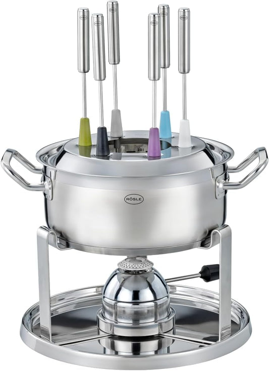 167309 - RÖSLE - Seti Fondue për 6 Persona, Tenxhere Fondue nga Çeliku Inox 20 cm, Kapak Qelqi, Ndezës Gazi 1000W, Mbështetëse të Palosshme, dhe Aksesorë, ideale për Fondue me Djathë ose Çokollatë