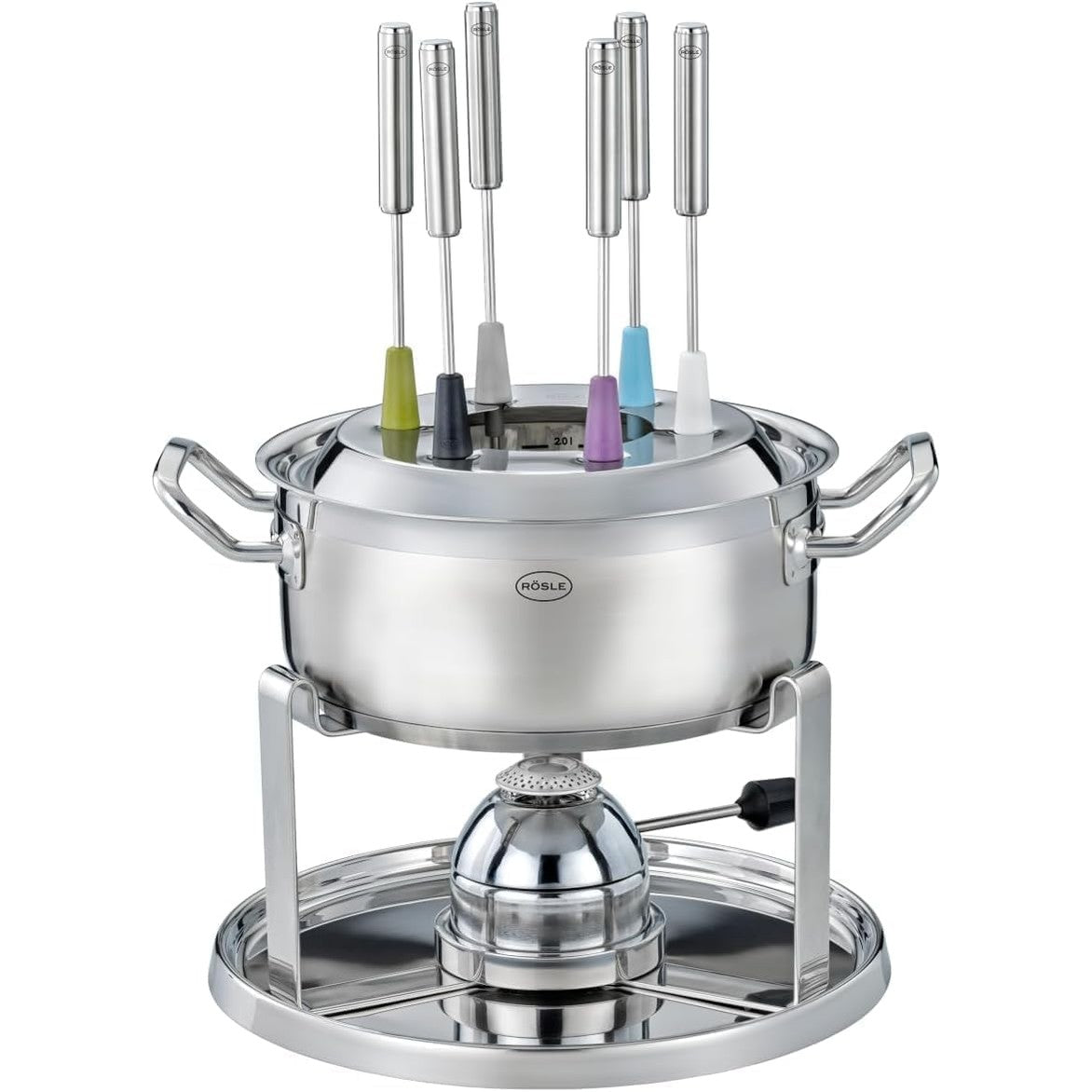 199048 - RÖSLE Set Fondue për 6 Persona - Tenxhere Fondue prej Çeliku Inox 20cm me Kapak Qelqi, Ndezës Gazi 1000W, Mbështetëse të Palosshme dhe Aksesorë Fondue, Përshtatshëm për Fondue me Djathë ose Fondue me Çokollatë