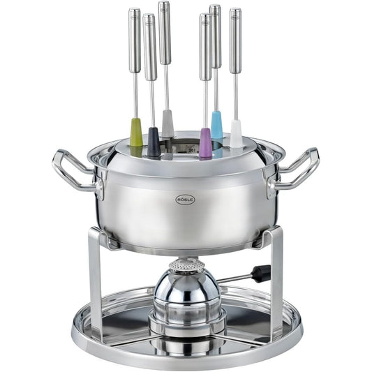 208050 - RÖSLE Set Fondue për 6 Persona - Tenxhere prej Çeliku Inox 20cm me Kapak Qelqi, Ndezës Gazi 1000W, Mbështetëse të Palosshme dhe Aksesore, Ideale për Fondue Djathi ose Çokollate