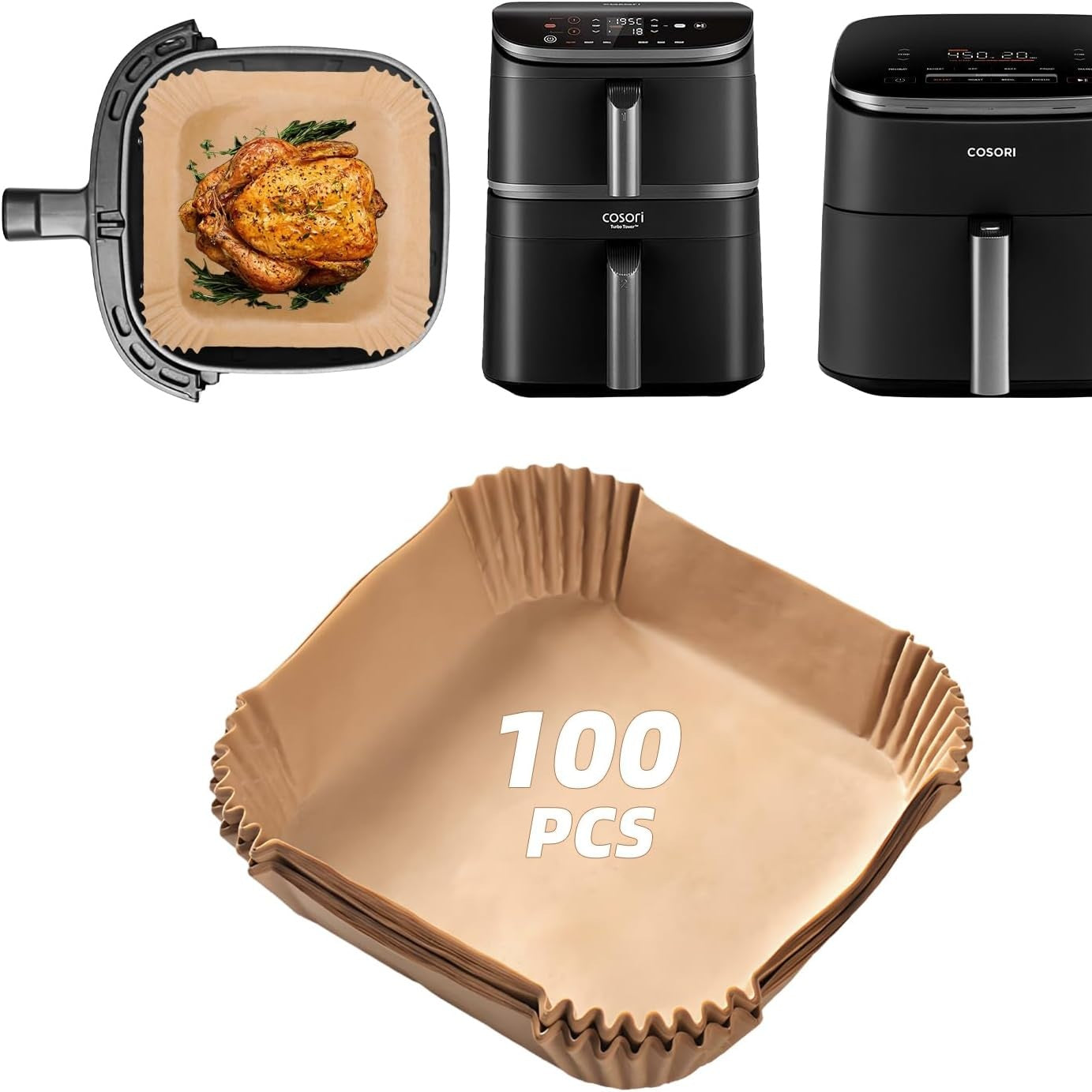 257923 - COSORI 100 copë letër pjekjeje për Turbo Tower Pro & Smart Airfryer 10.8L, për CAF-DC601-KEU & CAF-DC112-ADE (6.5L & 4.3L)
