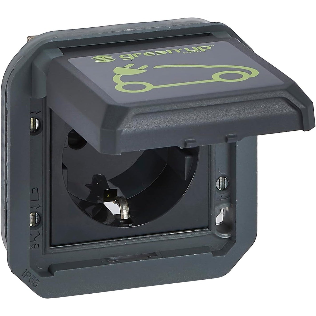 312757 - LEGRAND PLEXO FUTJE E RE, PRIZË IP-EV PËR DHOMA ME LAGËSHTIRË, KARIKIM PËR AUTOMJETET ELEKTRIKE, 230V, 16A, IP55, LIDHJE AUTOMATIKE, STANDARD SCHUKO, MBULIM ME MENTESHA