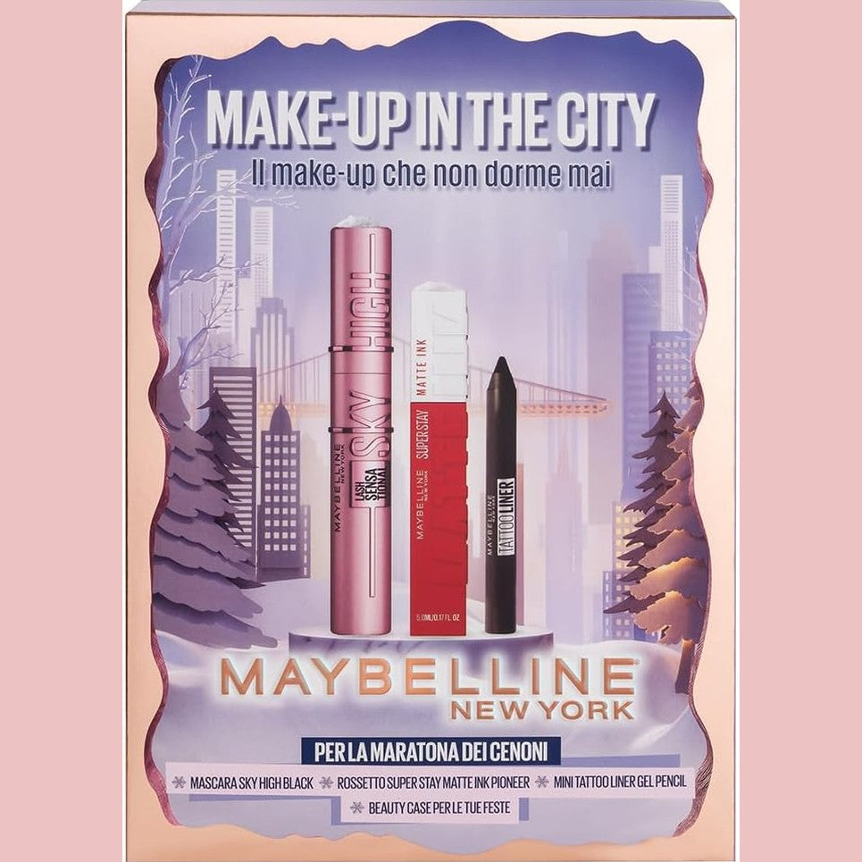 298521 - MAYBELLINE NEW YORK Kutia e Ideve për Dhurata për Krishtlindje, Me Rimel, Laps Mini për Sy dhe Buzëkuq, Me Kuti Bukurie, Make-up in The City, Sky High Classic, Xhel për Vijëzues Tatuazhesh për Sy, Bojë Matte Pioneer (20)