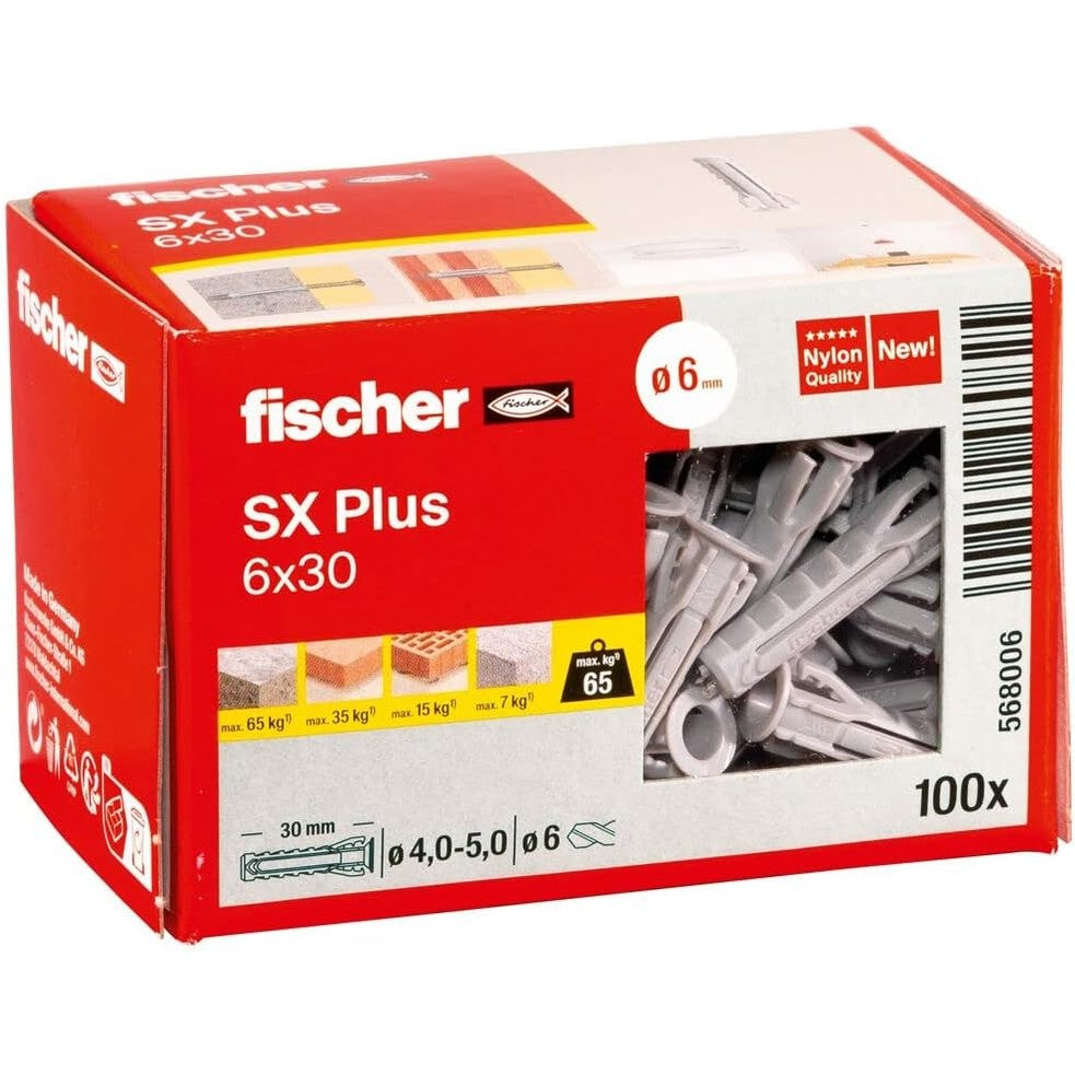 289336 - Tapë zgjerimi fischer SX Plus 6 x 30, kuti me 100 tapa najloni, për fiksim optimal në beton, tullë të fortë, beton të gazuar