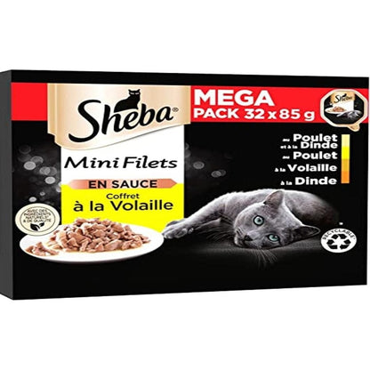 256146 - SHEBA Mini Fileto në Salcë, përzgjedhje shpendësh, tabaka për mace të rritura, Mega Pako 32x85g