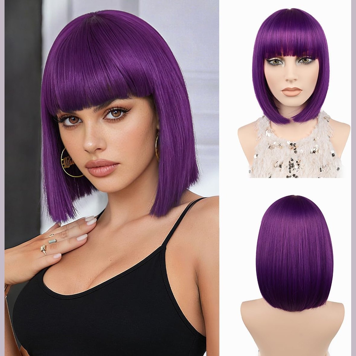 321380 - JIAMEISI Paruke e shkurtër bob vjollcë me balluke, sintetike, 30 cm, për femra, për festa dhe përdorim të përditshëm