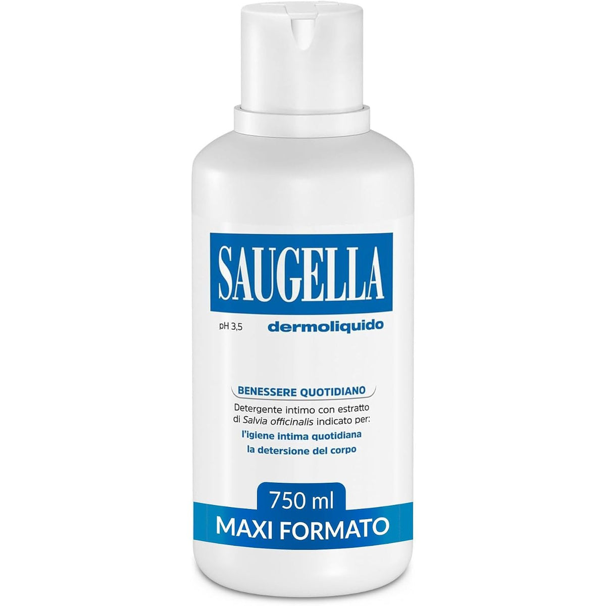 306729 - SAUGELLA Pastrues intim i përditshëm Dermoliquido, pH 3.5, 750 ml, kundër erës, freskues dhe tonifikues, me sherebelë dhe acid laktik