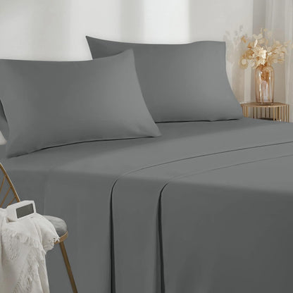 252669 - POLIGINO Set Çarçafësh me 4 Copë prej Mikrofibre 140x190/200 cm - Çarçaf i Montuar 140x200 cm - Çarçaf i Sheshtë (Dopjo) 220x280 cm - 2 Mbulesa Jastëkësh 50x80 cm - Cilësi e Lartë - Gri e Errët