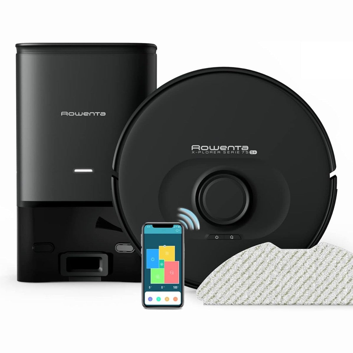 118017 - ROWENTA RR8585WH X-PLORER Serie 75 S+, Fshesë Robot e Lëvizshme dhe Larëse Dyshemeje me Teknologji Hartëzimi Lazer, Zbrazje Automatike, 2700Pa, Bateri e Jetëgjatshme 2 Orë, E Pajtueshme me Alexa dhe Telefonat Inteligjentë, Ngjyra e Zezë