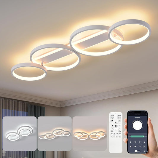 255160 - Dritë LED TAVANI, Llambë Moderne Tavani 48W 3000K-6500K, Ndriçim Dhome Gjumi me Dizajn 4 Unazash të Rrumbullakëta, Pajisje Drite Dekorative e Brendshme me Telekomandë APP, Llambë Llambadari për Dhomë Ndenjeje, Zyrë, Kuzhinë, Korridor