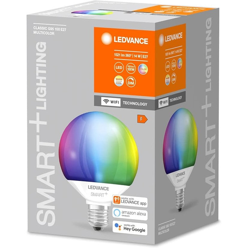 141546 - Llambë LED inteligjente LEDVANCE me teknologji WiFi, bazë E27, e rregullueshme në ndriçim (dimmable), me ngjyra RGB dhe mundësi për ndryshim të ngjyrës së dritës, formë globe (rrumbullake), mat, zëvendësuese për llambat tradicionale 100W.
