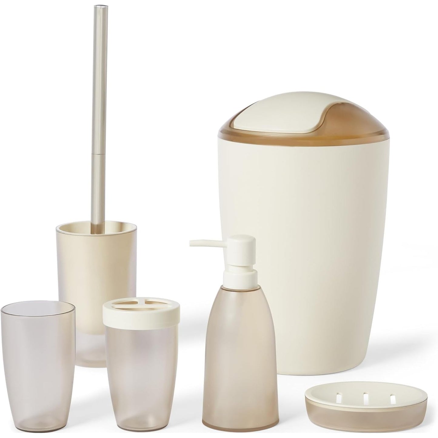 184803 - AMAZON BASICS Set Aksesorësh të Banjës me Mbajtëse Furçe Dhëmbësh, Dispensues Sapuni, Enë Sapuni, Gotë, Kosh Plehrash, Furçë Tualeti dhe Mbajtëse, Ngjyrë Fildishi