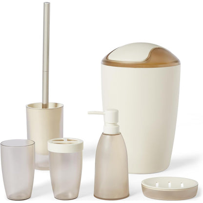 184803 - AMAZON BASICS Set Aksesorësh të Banjës me Mbajtëse Furçe Dhëmbësh, Dispensues Sapuni, Enë Sapuni, Gotë, Kosh Plehrash, Furçë Tualeti dhe Mbajtëse, Ngjyrë Fildishi