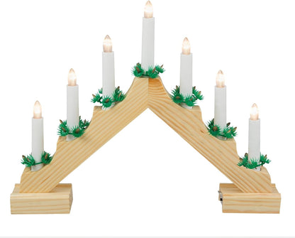 219419 - Idena 8582092 Mbajtëse qirinjsh LED Advent, 7 qirinj LED të bardhë të ngrohtë, hark qirinjsh nga dru natyral, funksionon me bateri