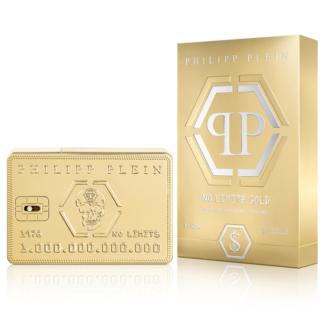 271131 - PHILIPP PLEIN No Limits Gold Eau de Parfum 90ml - Aromë për Burra - Nota Druri dhe Amberi - Shishe qelqi e lyer me ngjyrë ari