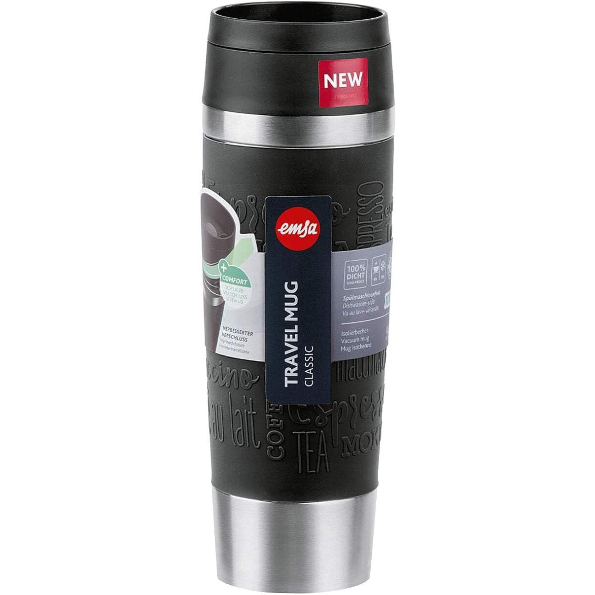 200520 - EMSA Filxhan Udhëtimi Klasik i Izoluar, 0.5 Litra, Kapak i Ri me Vidë, Çelik Inox, Mban Pijet të Ngrohta 6 Orë dhe të Ftohta 12 Orë, 100% i Papërshkueshëm nga Rrjedhjet, Hapje për Pirje 360°, i Sigurt për Lavastovilje, e Zezë