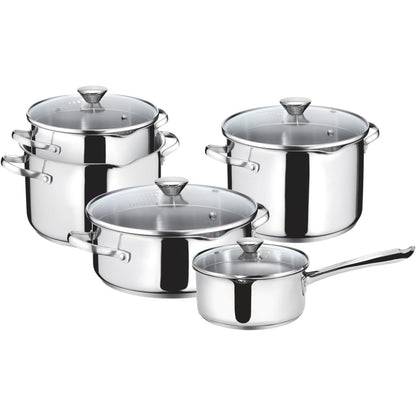 187075 - LAGOSTINA - Set Enësh Gatimi Smart, 9 Pjesë, Prej Çeliku Inox 18/10, Përdorim në Induksion, Gaz dhe Furrë, Baza Trefishe Lagoseal Plus, Seti Përfshinë 4 Tenxhere, Tenxhere me 2 Doreza, dhe 4 Kapakë