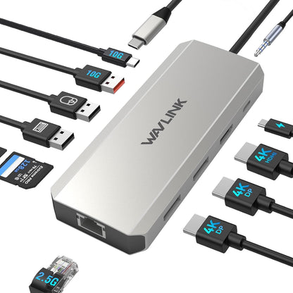 273074 - WAVLINK Stacion lidhjeje për laptopë, DisplayPort me DP të dyfishtë, HDMI, hyrje PD 100W, USB 10Gbps, portë Ethernet 2.5G