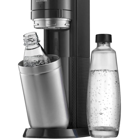 170088 - SODASTREAM DUO Pajisje për përgatitjen e ujit të gazuar me funksion fikje, 1 shishe qelqi 1L dhe 1 shishe plastike FUSE 1L, e sigurt për lavastovilje, Ngjyra: Titanium