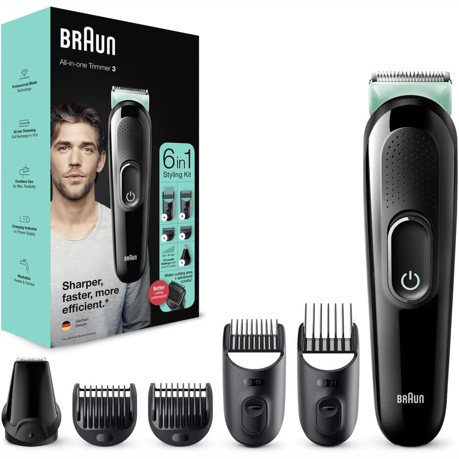 306021 - BRAUN Kit për Kujdes të Shumëfishtë 3, Makinë prerëse dhe prerëse flokësh 6-në-1, 5 aksesorë, MGK3321, e zezë/jeshile