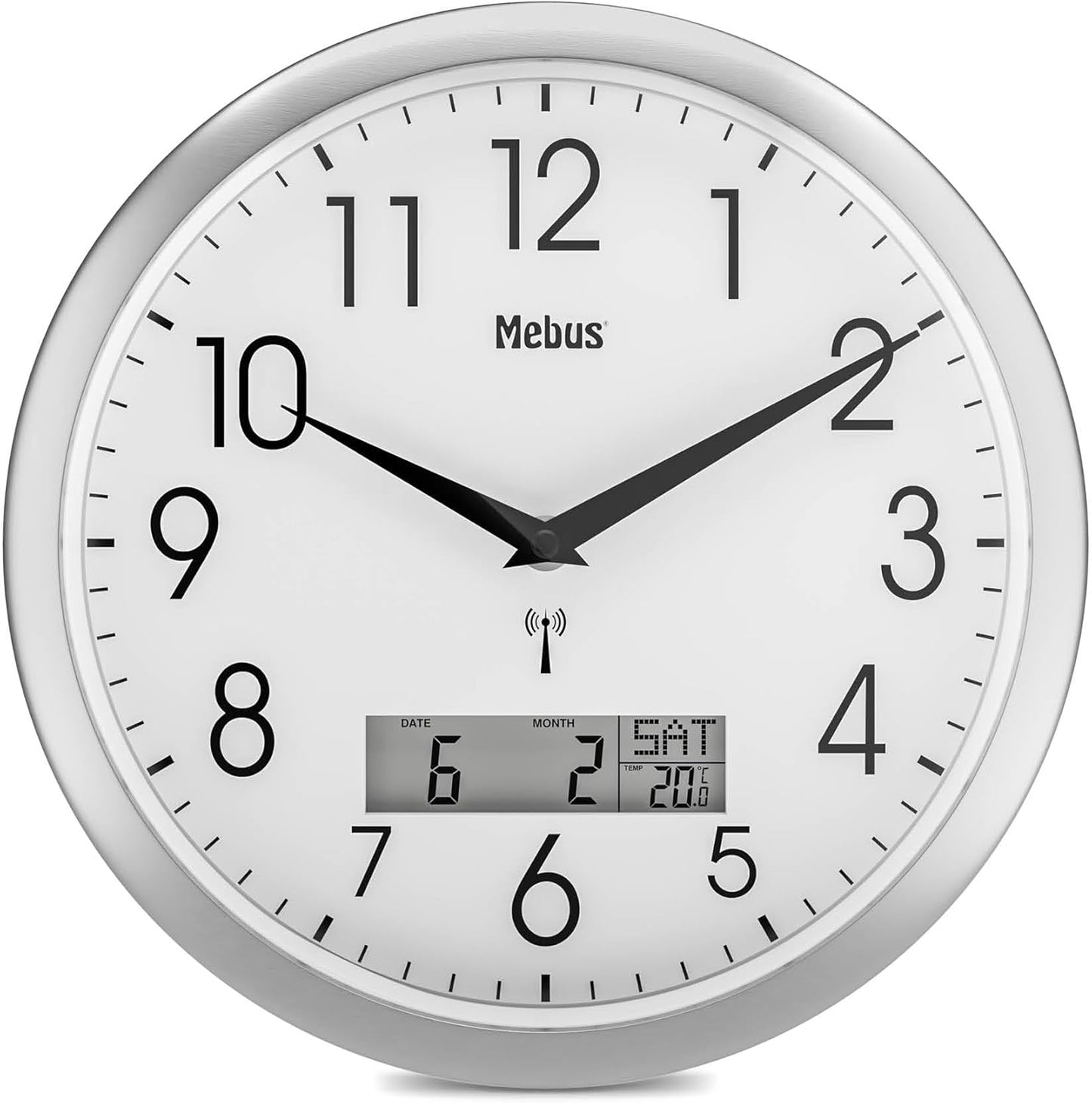 226905 - MEBUS Orë muri me radio të kontrolluar, 29 cm, e heshtur, ekran LCD për datën dhe temperaturën, e bardhë, modeli 19422