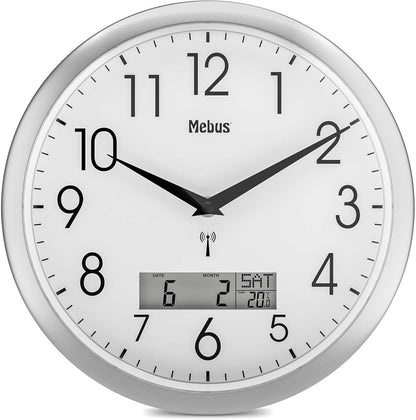 226905 - MEBUS Orë muri me radio të kontrolluar, 29 cm, e heshtur, ekran LCD për datën dhe temperaturën, e bardhë, modeli 19422