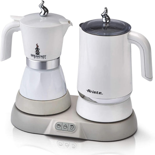 144261 - ARIETE 1344 Stacion Mëngjesi me Tenxhere Elektrike Moka, Çajnik, Shkumëzues Qumështi i Nxehtë dhe i Ftohtë, 5 Funksione, Mbajtje e Kafesë të Ngrohtë, 500 Vat, Ngjyra e Bardhë