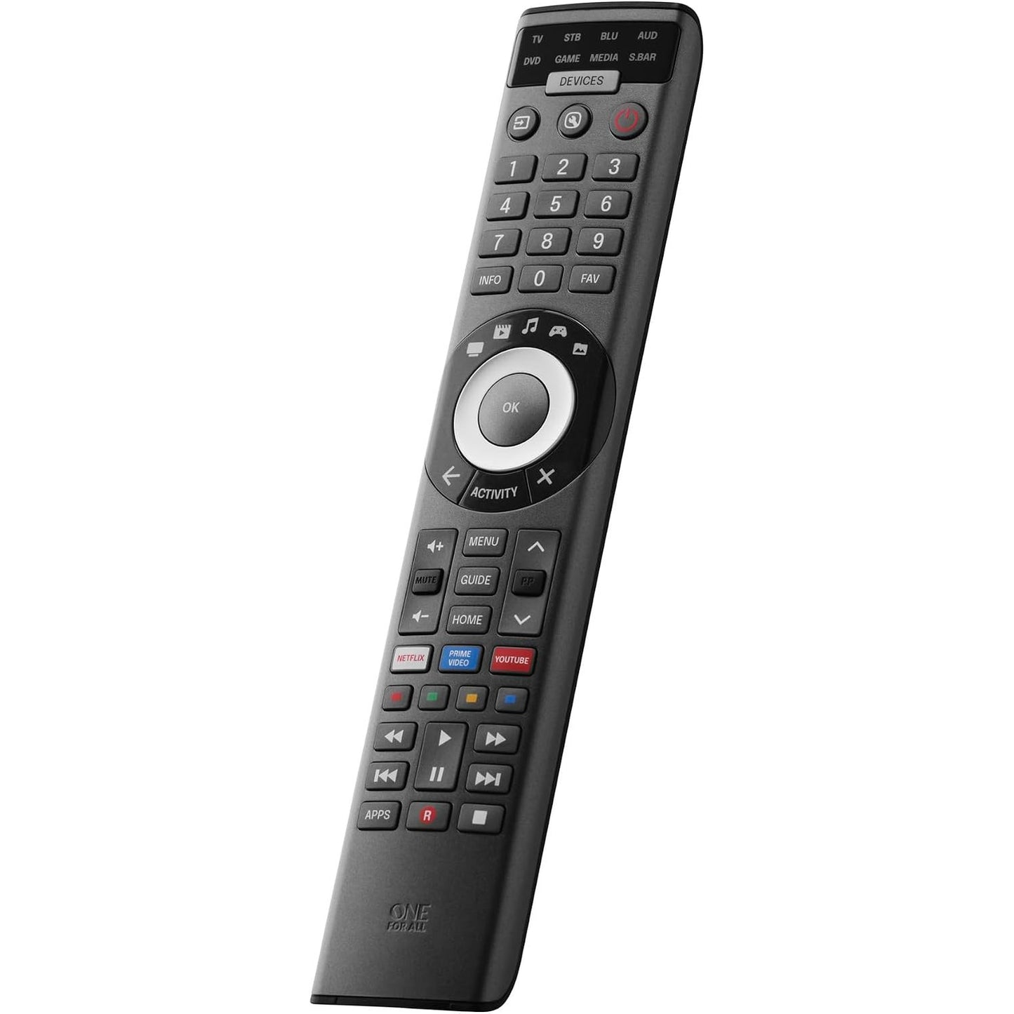 268022 - TELEKOMANDË UNIVERSALE ONE FOR ALL SMART CONTROL PRO 8, E pajtueshme me TV, Dekoder, Blu-ray, pajisje audio dhe transmetimi (Modeli URC7981)