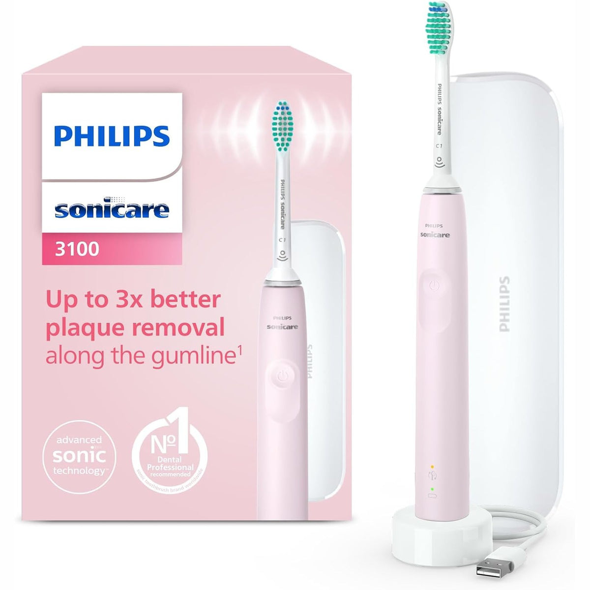 296658 - PHILIPS Sonicare 3100 Furçë dhëmbësh elektrike, kontroll presioni dhe kohëmatës, çantë udhëtimi, Sugar Rose, Modeli HX3673/11, Pesha: 200 g